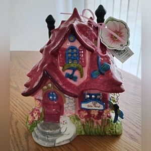 Blue Sky Clayworks INN ON IRIS POND  Tea Light Candle House  NEW With Tags  Pink